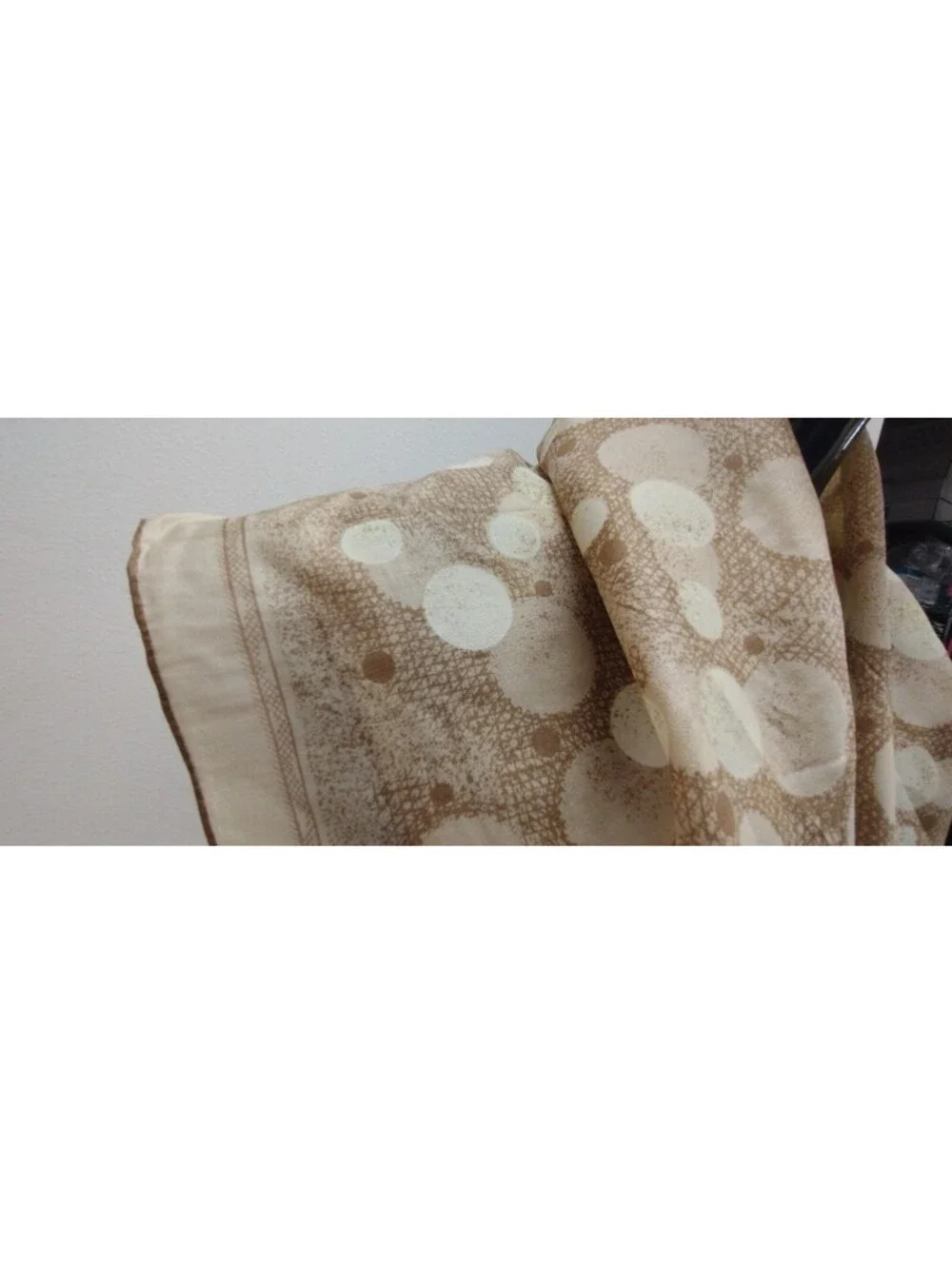 Vintage Mid Century 50s 1960s Large Scarf Silky Beige White Silkscreen Circles